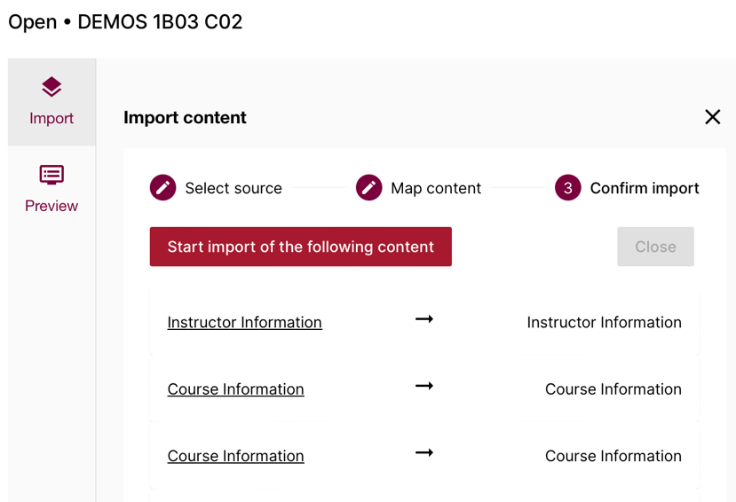 A close up of the button saying "Start import of the following" content after finalizing the outline and clicking the "Finalize" button.