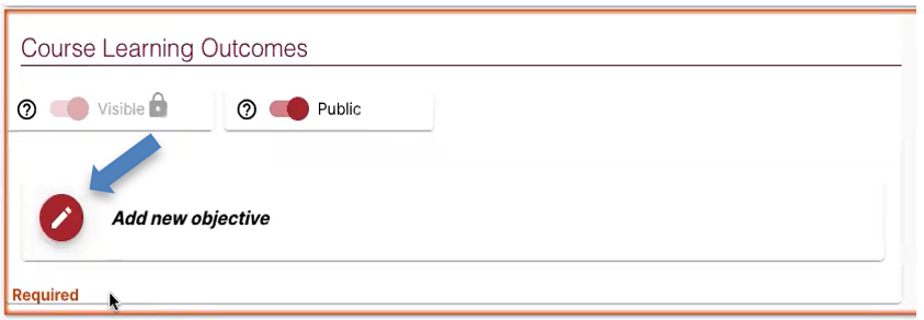 A close up of the Course Learning Outcomes component with a blue arrow pointed to a pencil icon, used to add new objectives to the outline.