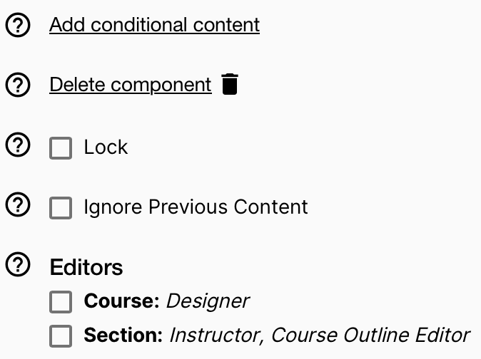 A close up of the options you can set for each component. 