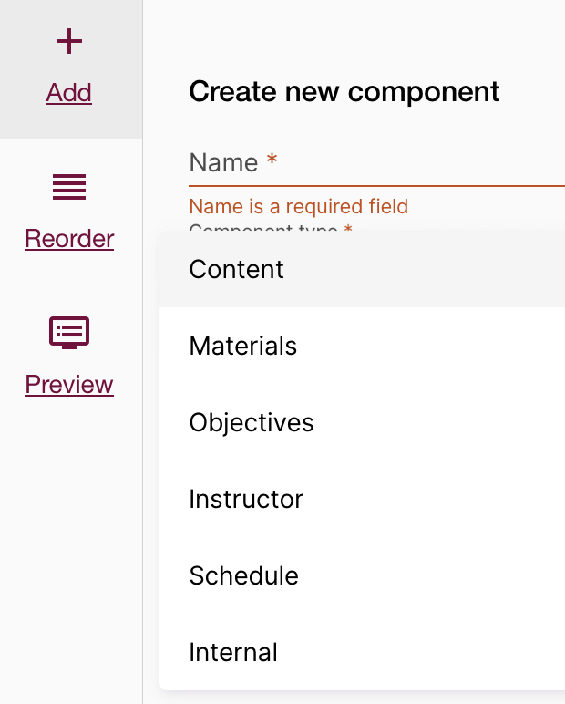A close up of the component field showing the six types of components you can add: content, materials, objectives, instructor, schedule, and internal.