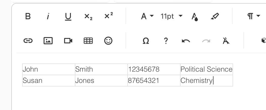 A close up of the table after it's written in the portal. It includes columns for first name, last name, student number, and student major.