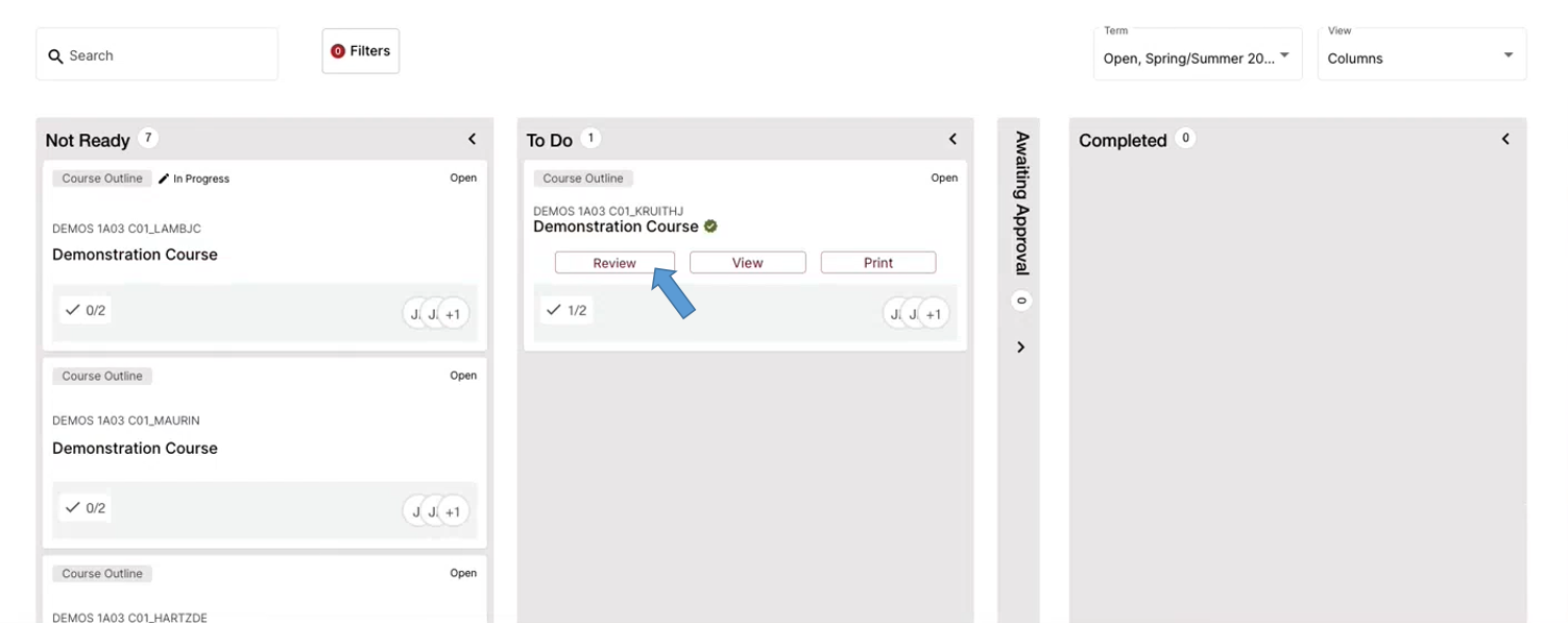 An approver's dashboard with a blue arrow pointing to the "Review" button on an outline awaiting their approval.