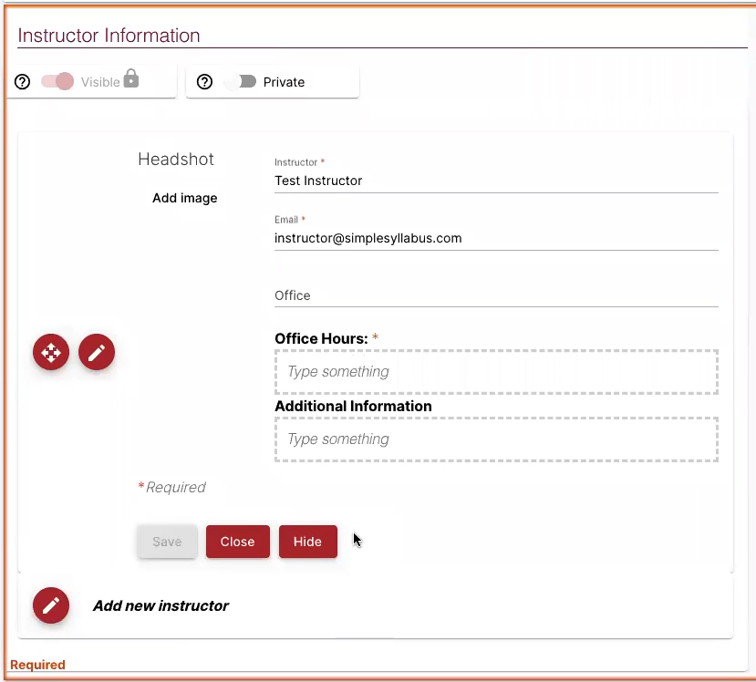 The full view of the instructor information component which shows all editable fields.