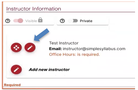 A close up of the Instructor Information component in an outline. There is a blue arrow pointed to a pencil button, which is used to edit the instructor information.