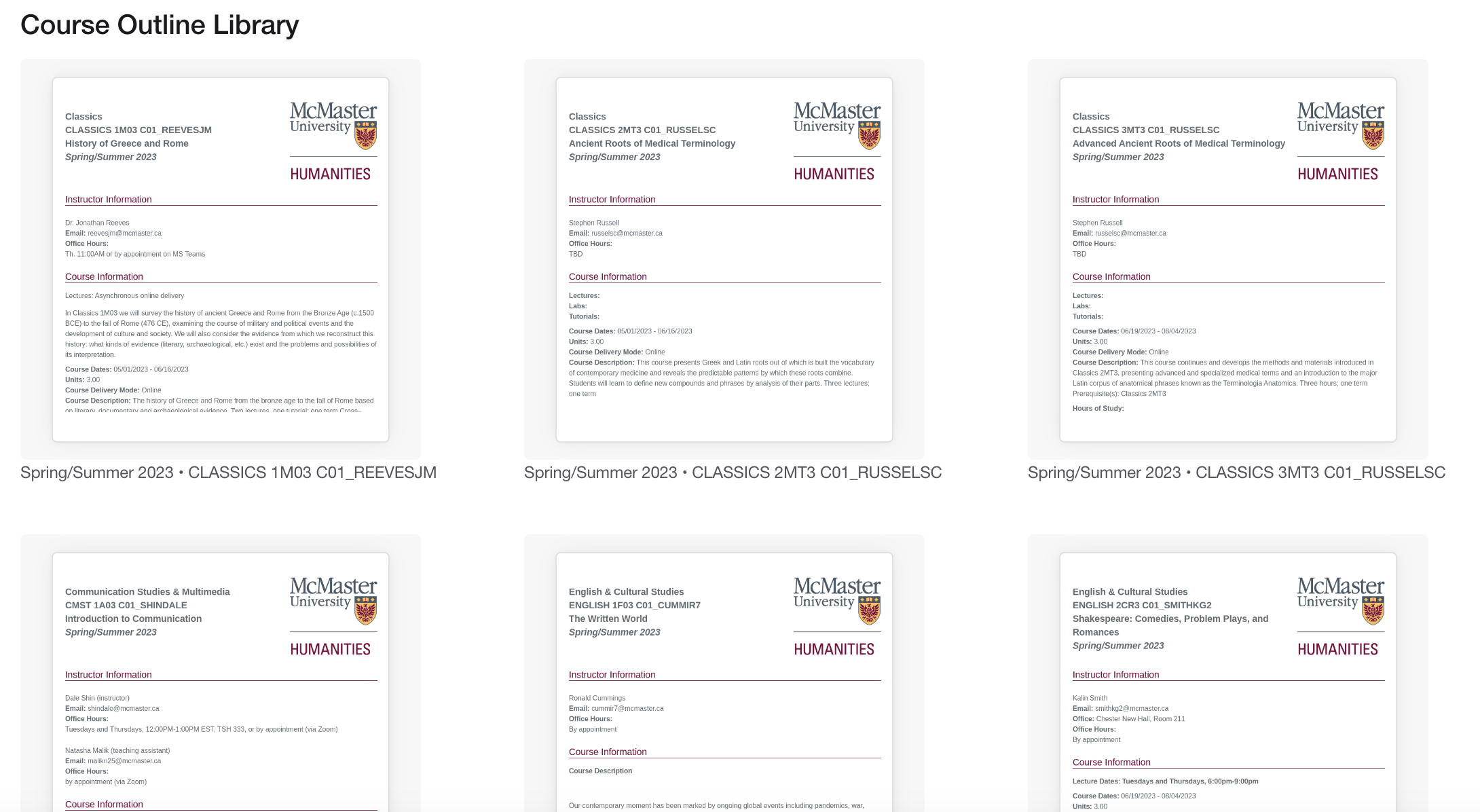 A view of some outlines within the Course Outline Library.