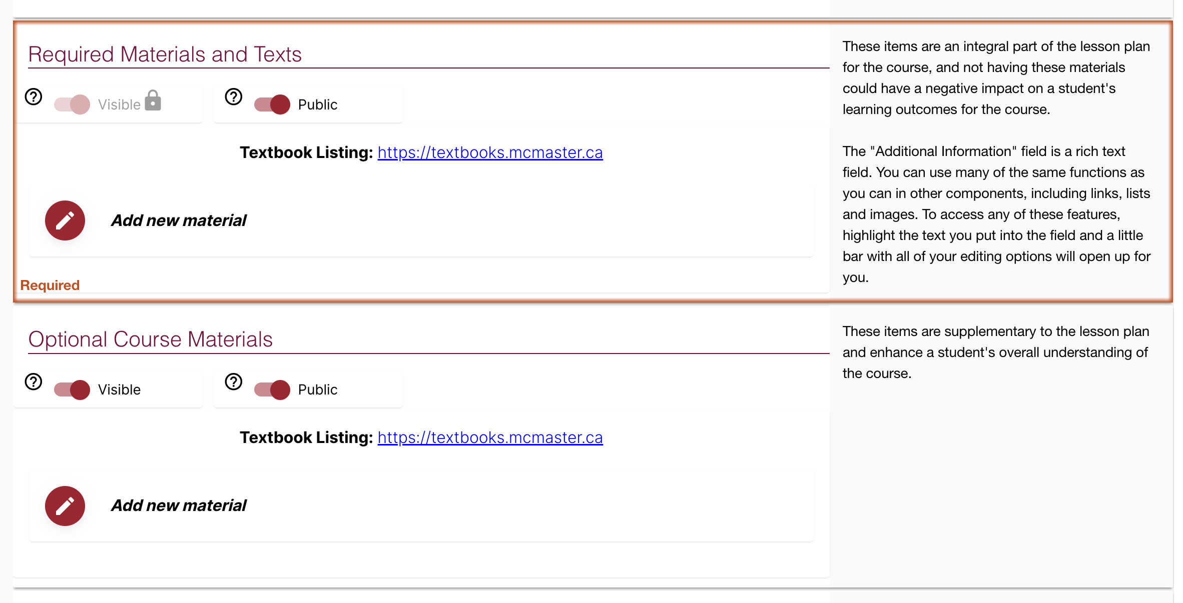 The full view of both the required materials component and the optional materials component. 