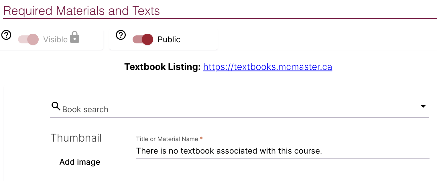 The materials component with "There is no textbook associated with this course." typed into the title field.