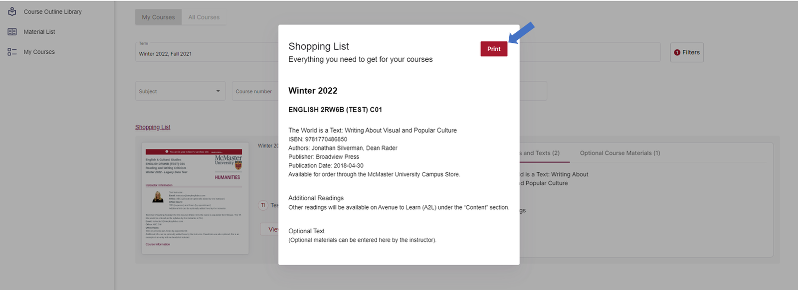 The pop-up showing the shopping list of all courses taken in a semester. In this picture, Winter 2022 is chosen, and the shopping list for English 2RW6B is shown