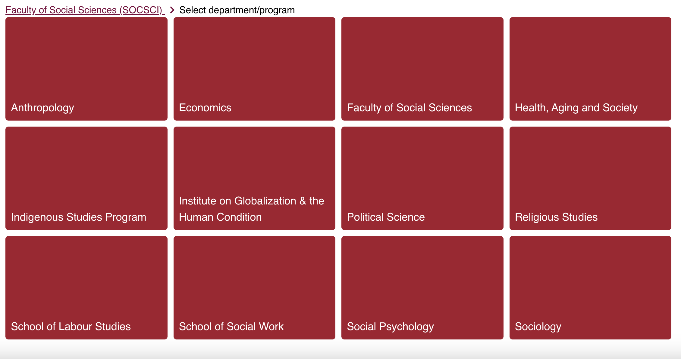 The visual interface for sorting through departments in the Faculty of Social Science. 