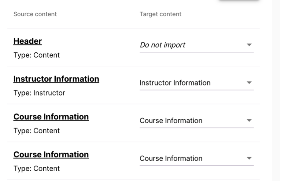 The expanded view of the mapping screen. This picture shows the layout of content from the other outline on the left and your current outline on the right.