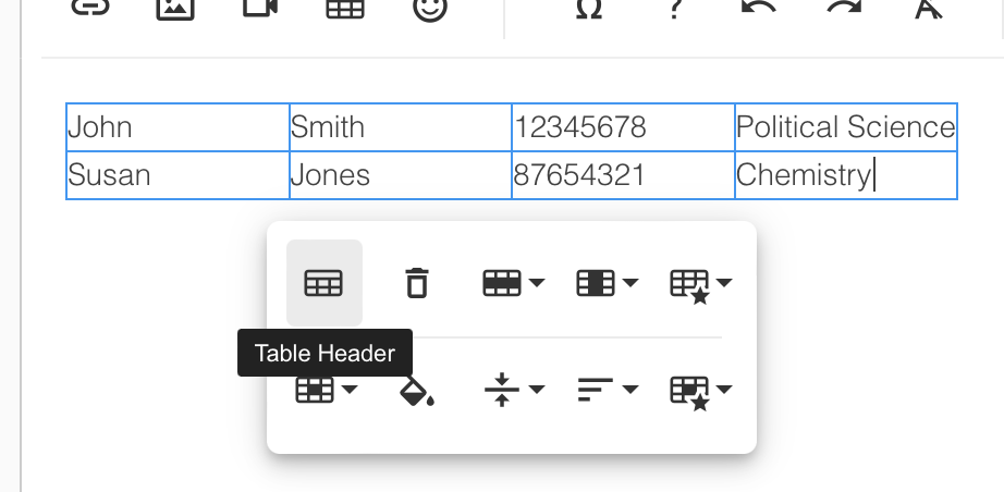 The table is highlighted and there is a pop-up of the tool bar. The Table Header icon is at the top left option.