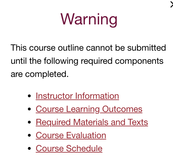 The list of required sections, including "Instructor Information," "Course Learning Outcomes," "Required Materials and Texts," "Course Evaluation," and "Course Schedule."