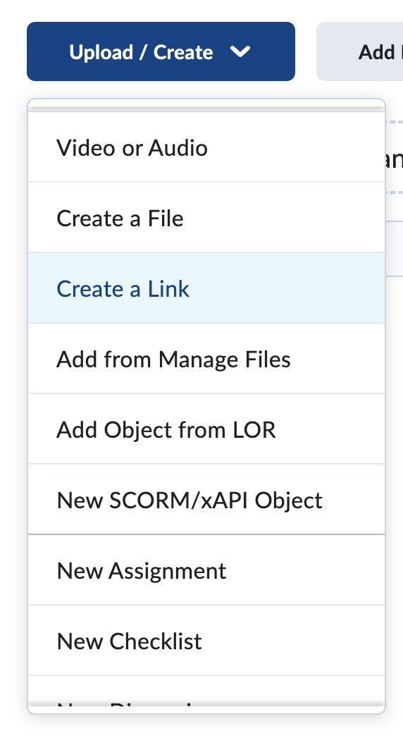 The dropdown menu for uploading/creating content in Avenue.