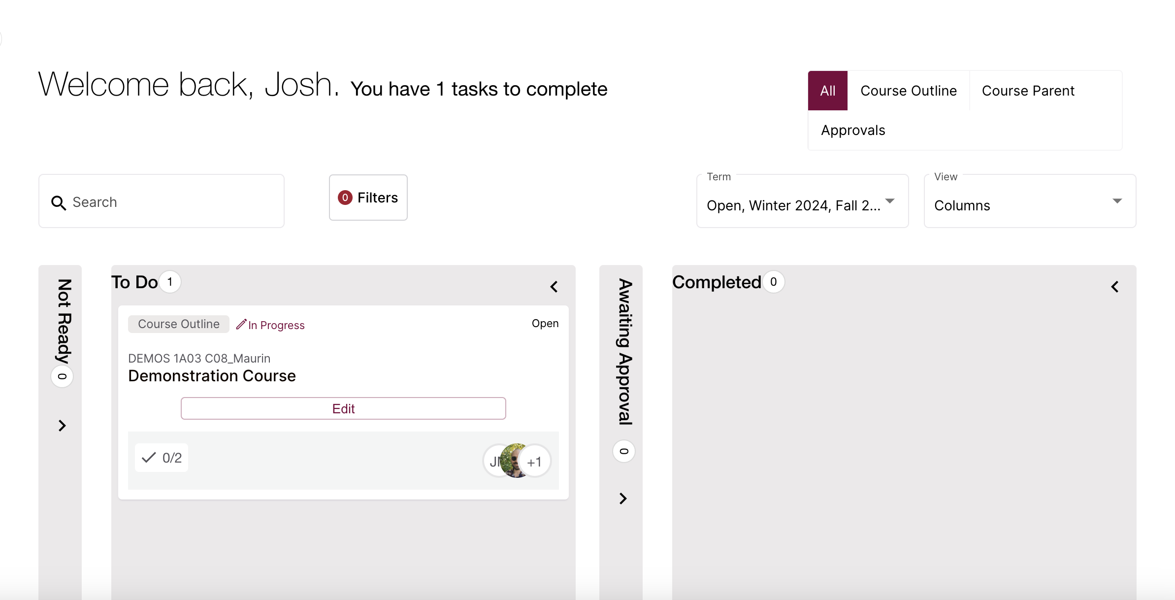 The dashboard. There are four columns, divided into "Not Ready," "To Do," Awaiting Approval," and "Completed," as well as a variety of filtering options. 